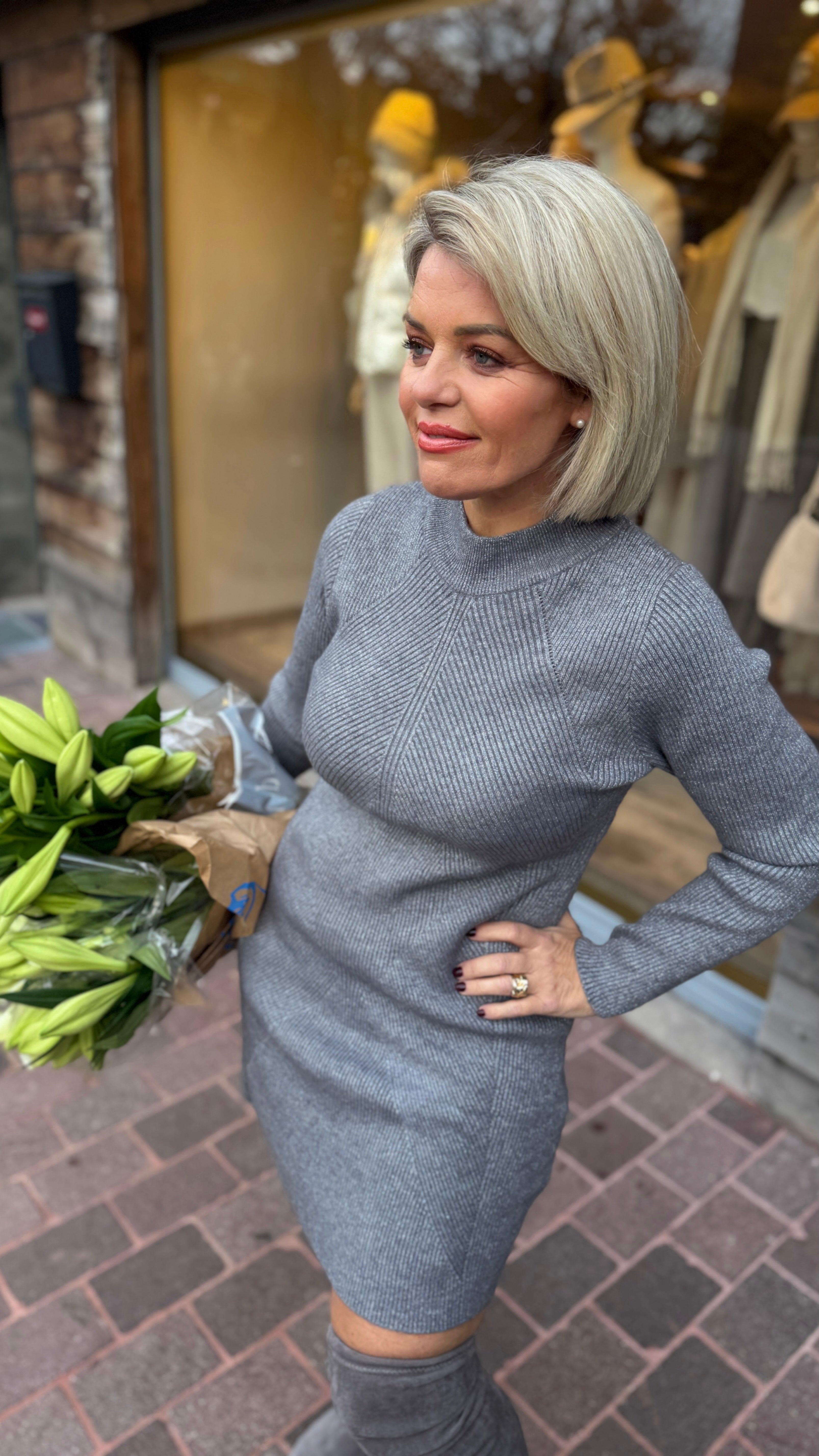 Knit dress/ silver/midi/NEVER FULLY DRESSED